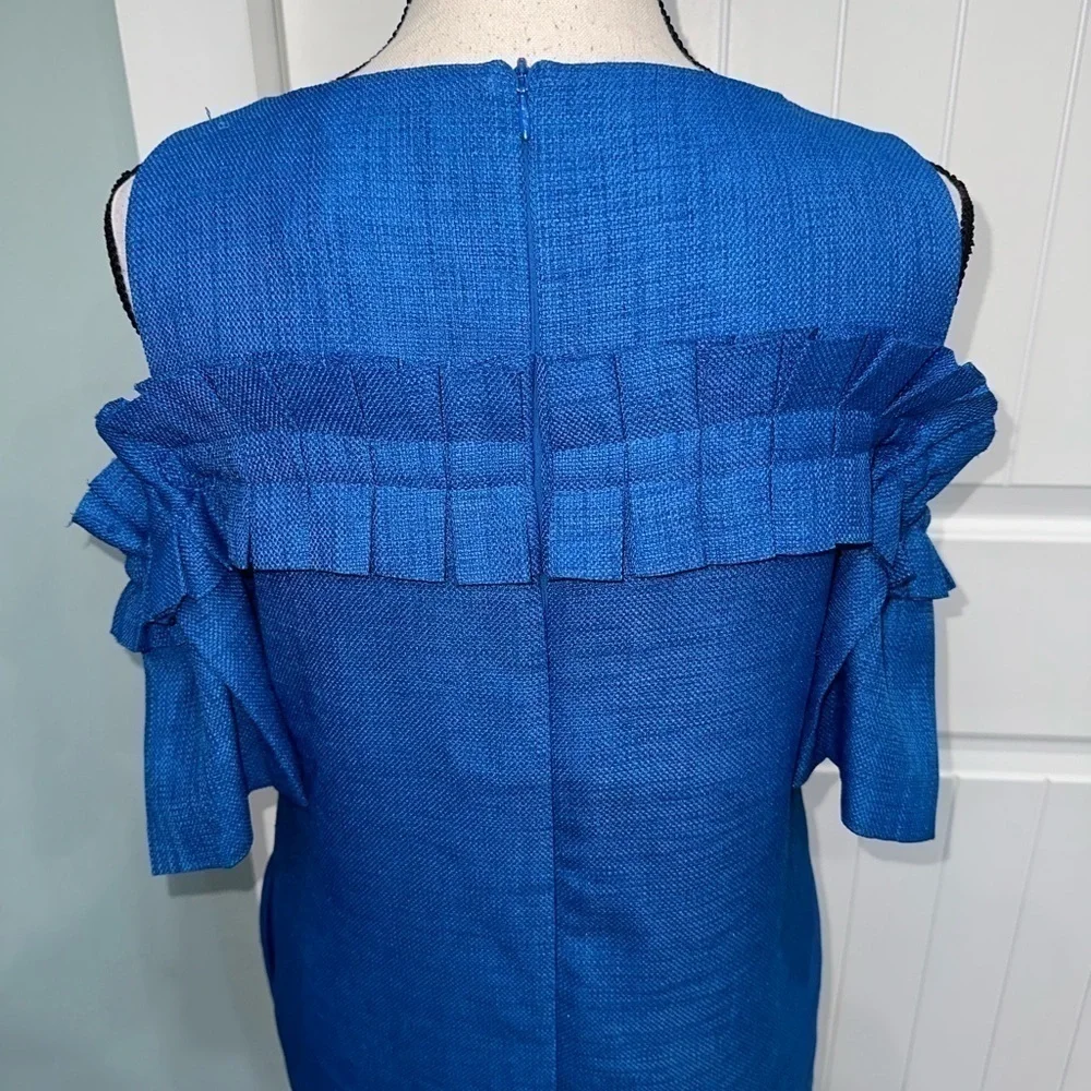 Badgley Mischka Blue Ruffle Sleeve Cold Shoulder woven dress size 4 - Picture 8 of 10